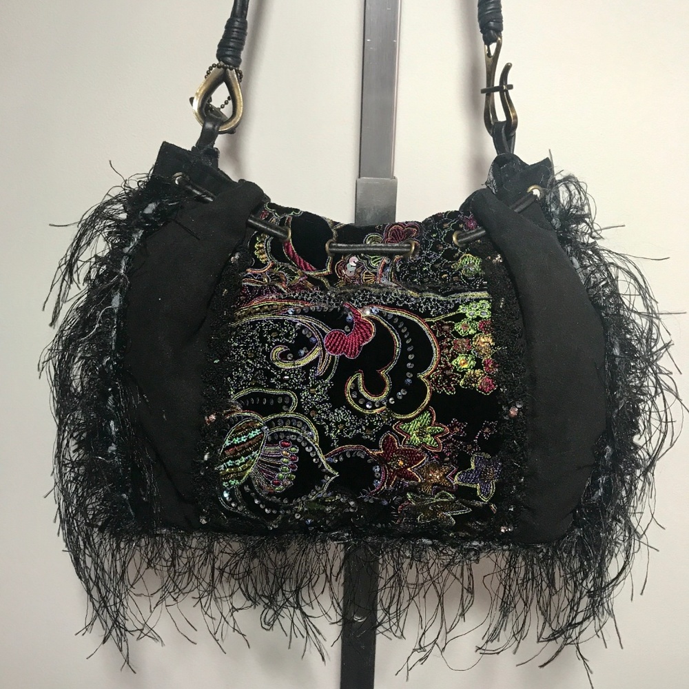 New MARY FRANCES Embroidered Black Beaded Fringe Purse! black purple - Picture 2 of 10